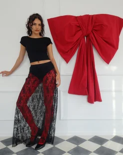 Motel Rocks A Line Skirts-Nevali Maxi Skirt in Black Wild Rose Lace