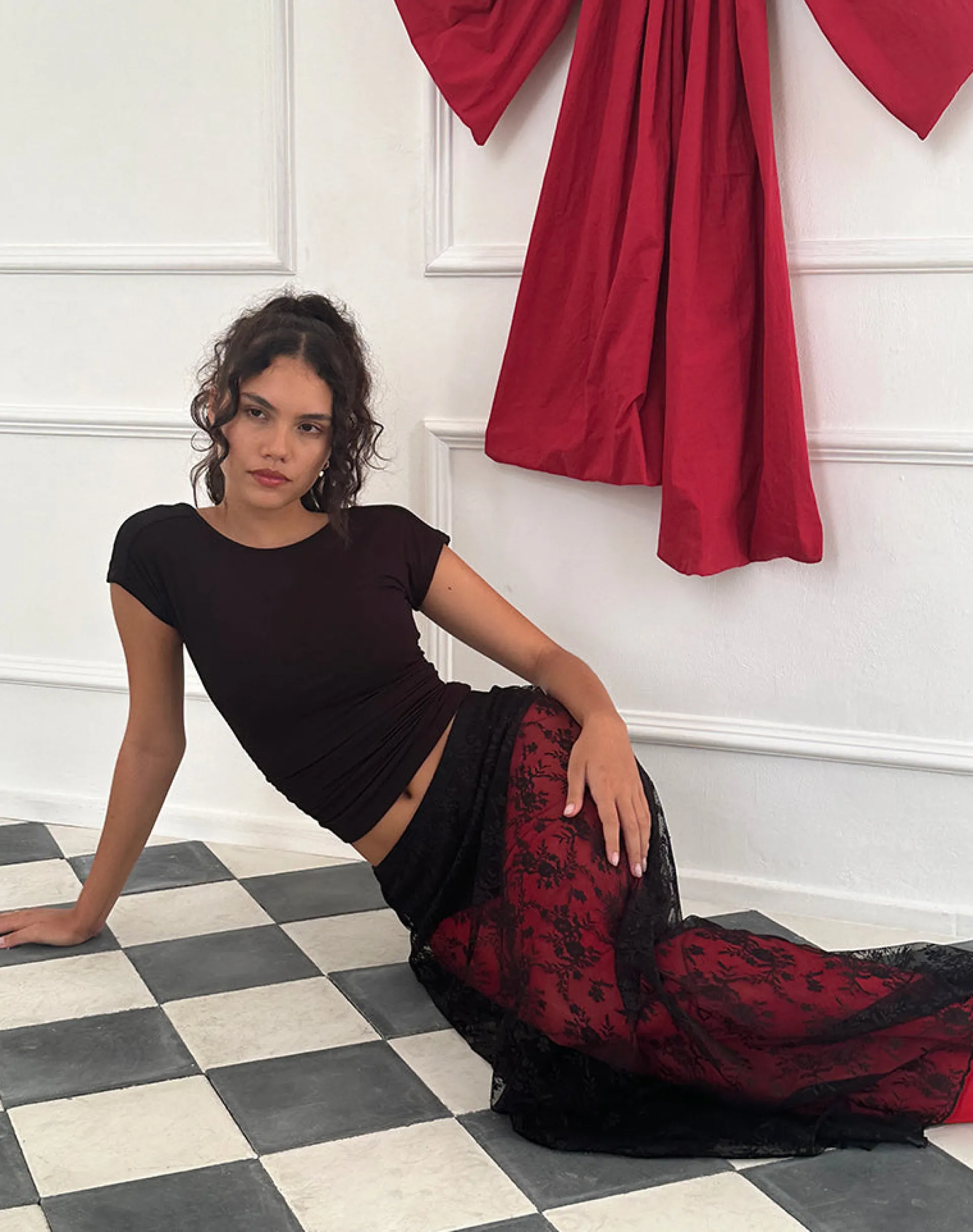 Motel Rocks A Line Skirts-Nevali Maxi Skirt in Black Wild Rose Lace