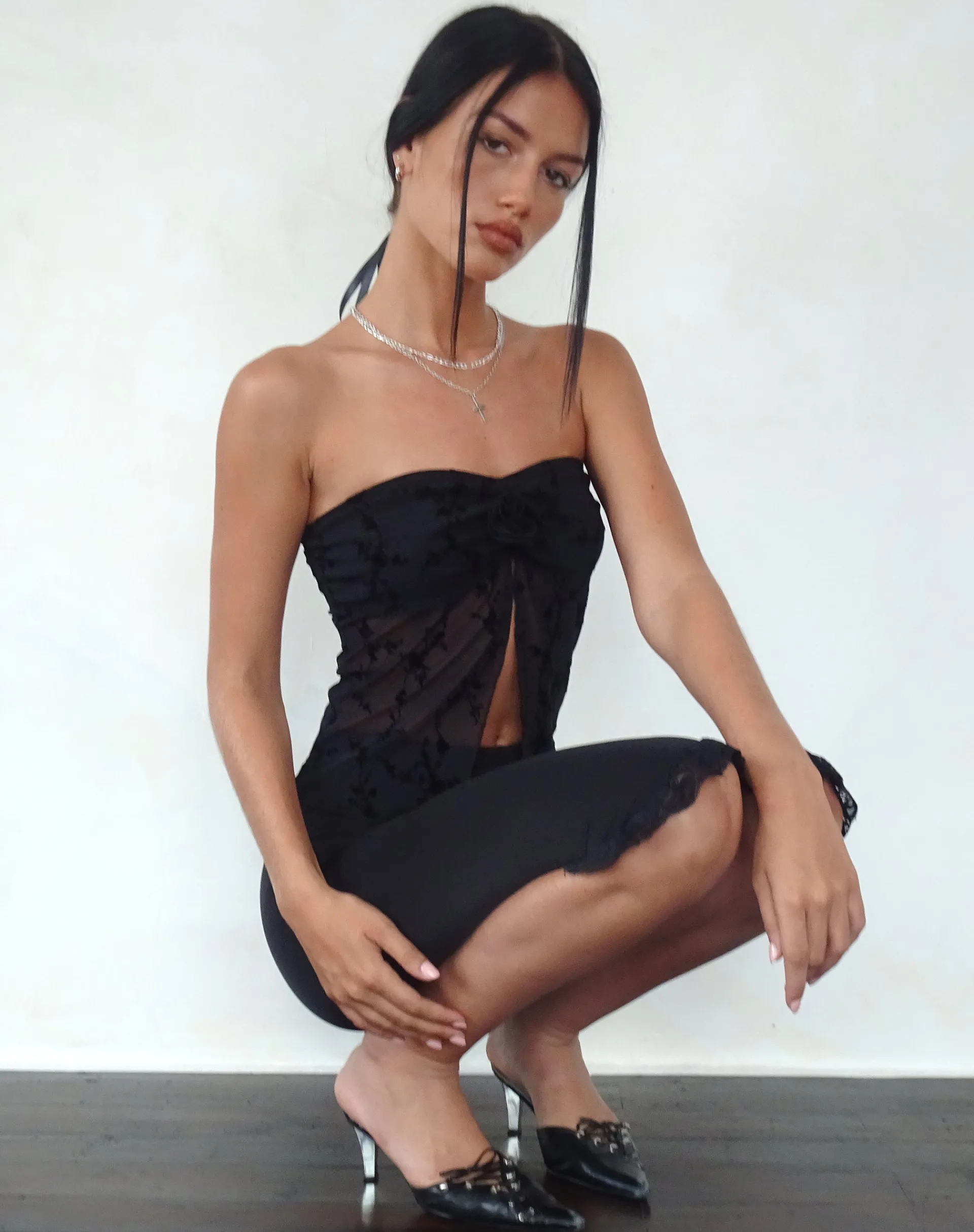 Motel Rocks Bandeau Tops | Going Out Tops-Nicola Butterfly Top in Vine Flower Black