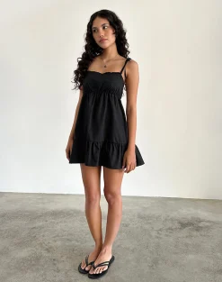 Motel Rocks Day Dresses-Nigta Tie Front Mini Dress in Poplin Black