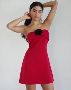 Motel Rocks Bandeau Dresses | Bodycon Dresses-Ninivala Dress in Red with Black Rosette RedwithBlackRosette