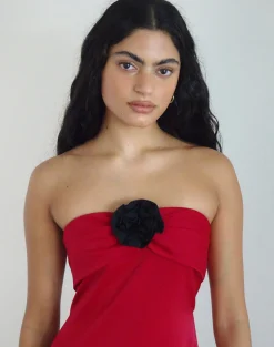 Motel Rocks Bandeau Dresses | Bodycon Dresses-Ninivala Dress in Red with Black Rosette RedwithBlackRosette