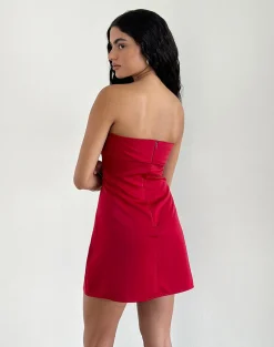 Motel Rocks Bandeau Dresses | Bodycon Dresses-Ninivala Dress in Red with Black Rosette RedwithBlackRosette