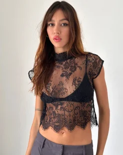 Motel Rocks Going Out Tops-Nioly Unlined Top in Black Eyelash Lace