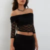 Motel Rocks Long Sleeve Tops | Lace Tops-Nixie Long Sleeve Bardot Top in Lace Black