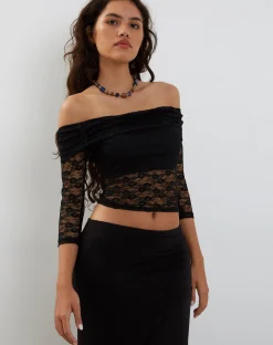 Motel Rocks Long Sleeve Tops | Lace Tops-Nixie Long Sleeve Bardot Top in Lace Black