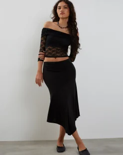 Motel Rocks Long Sleeve Tops | Lace Tops-Nixie Long Sleeve Bardot Top in Lace Black