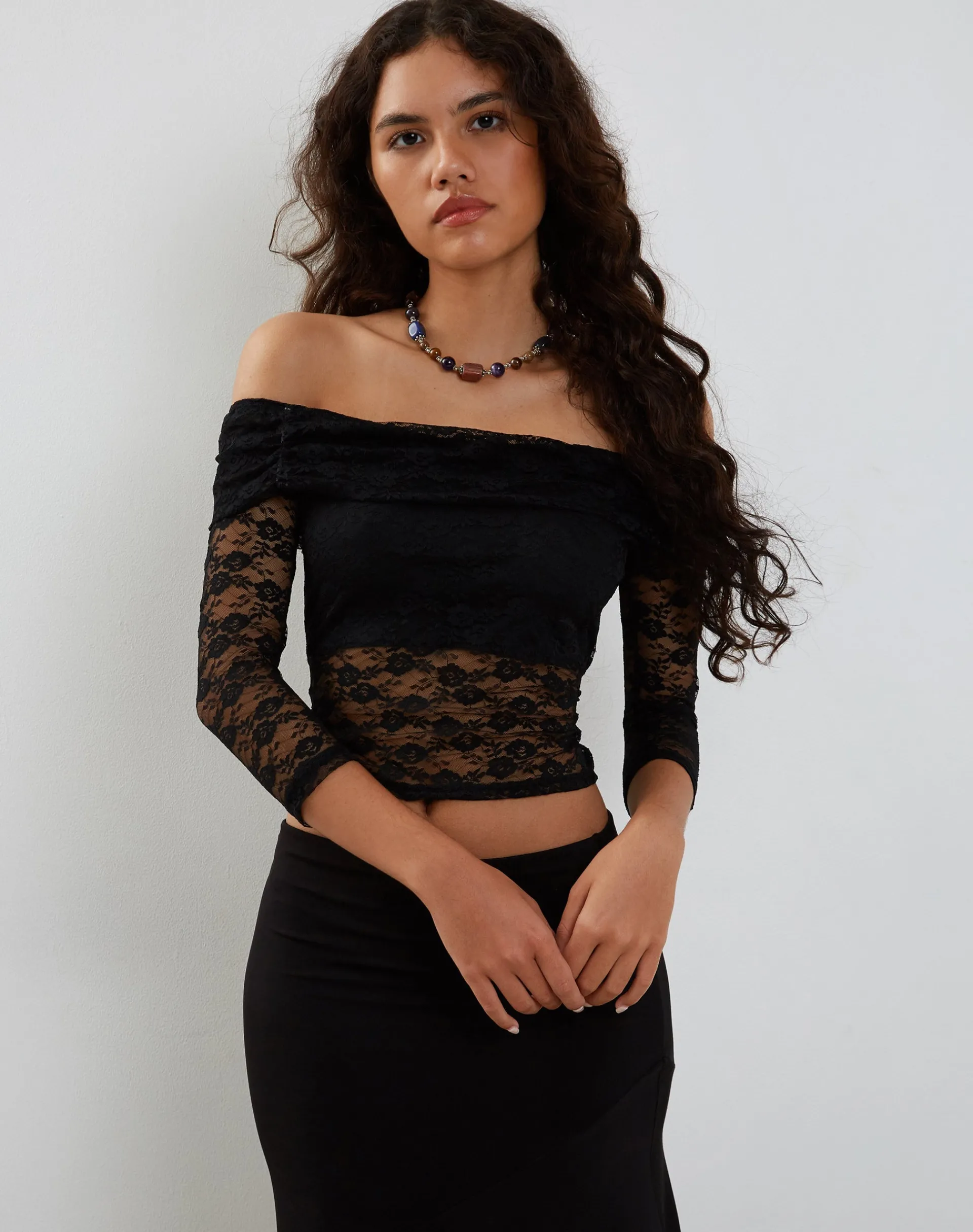 Motel Rocks Long Sleeve Tops | Lace Tops-Nixie Long Sleeve Bardot Top in Lace Black