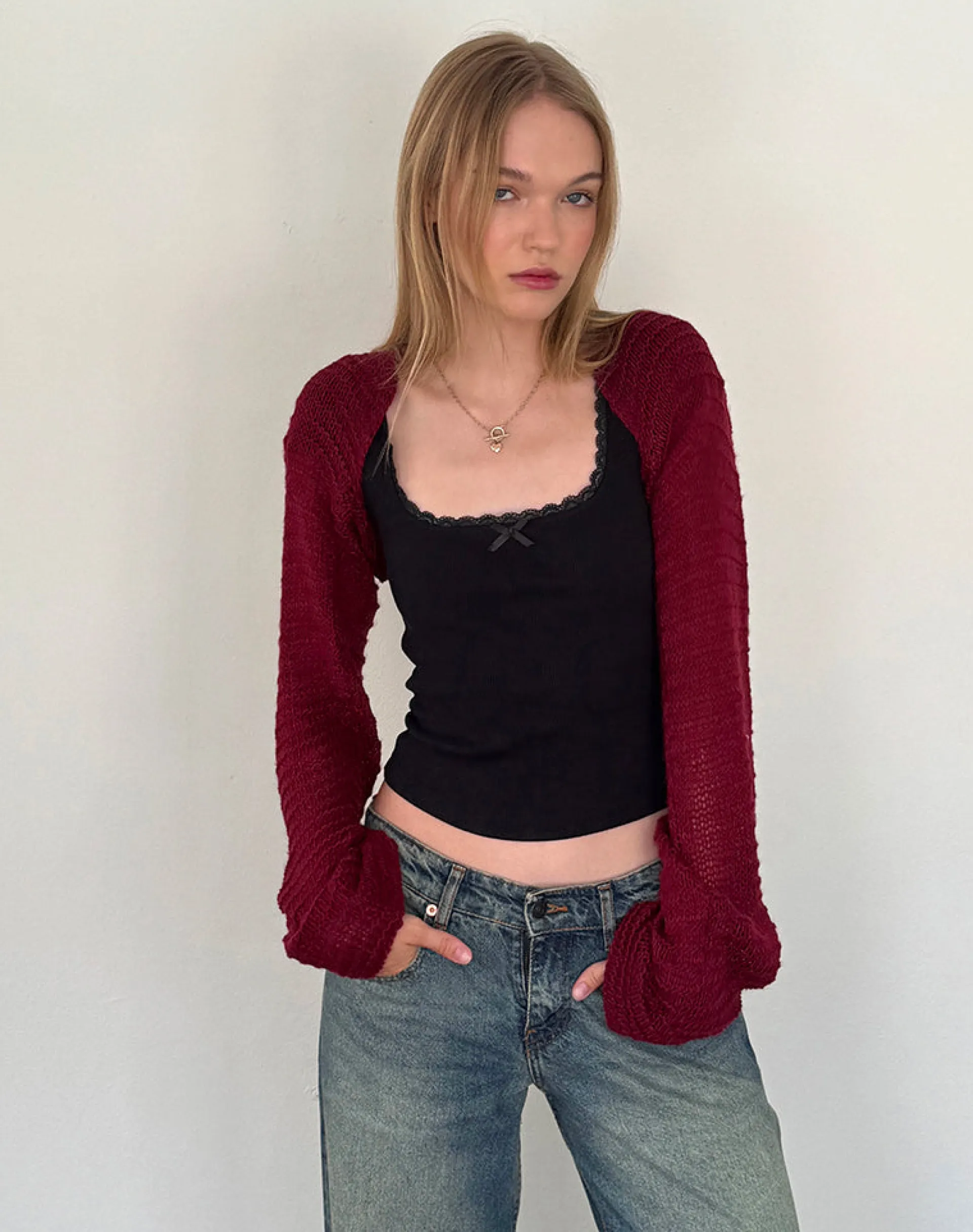 Motel Rocks Basics | Long Sleeve Tops-Nobila Knitted Shrug Top in Burgundy