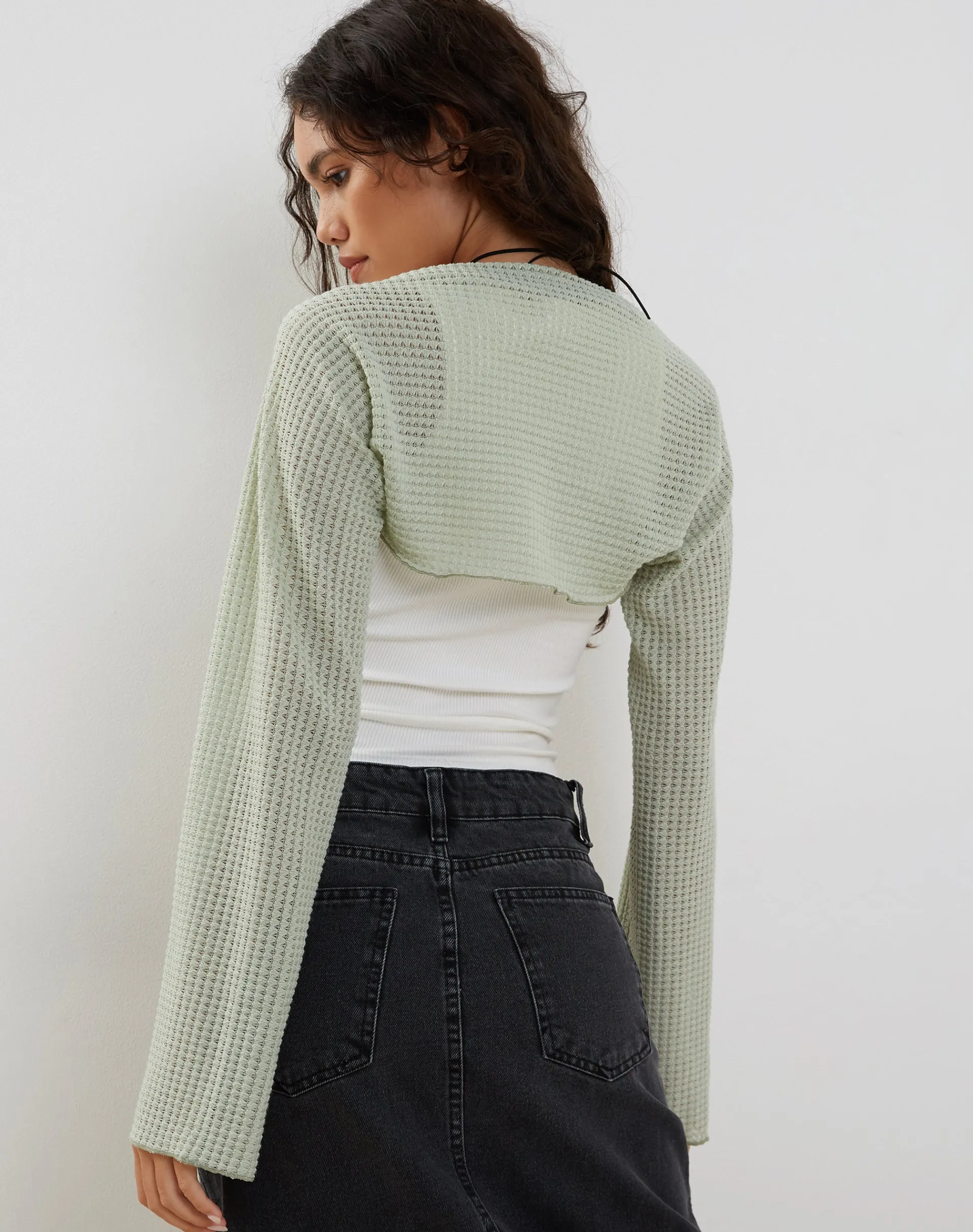 Motel Rocks Basics | Basic Tops-Nobila Shrug Top in Sage Textured Crochet SageTexturedCrochet