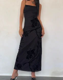 Motel Rocks Printed Dresses-Nodu Maxi Dress in Orchids Flock Black orchidsflockblack