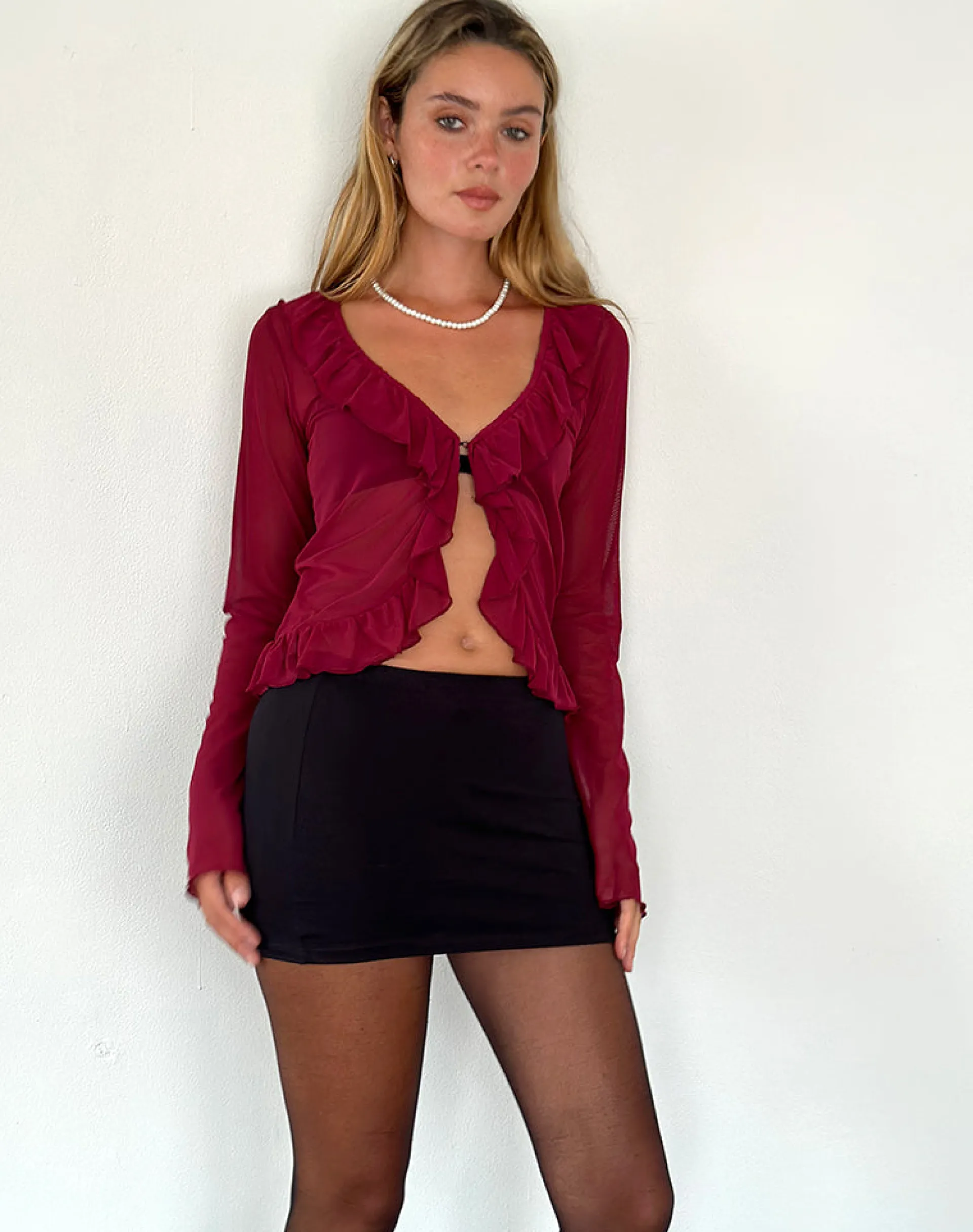 Motel Rocks Cardigans | Long Sleeve Tops-Noemi Cardigan in Mesh Burgundy MeshBurgundy