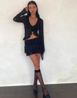 Motel Rocks Cardigans | Printed Tops-Noemi Cardigan in Mesh Vine Flower Black MeshVineFlowerBlack