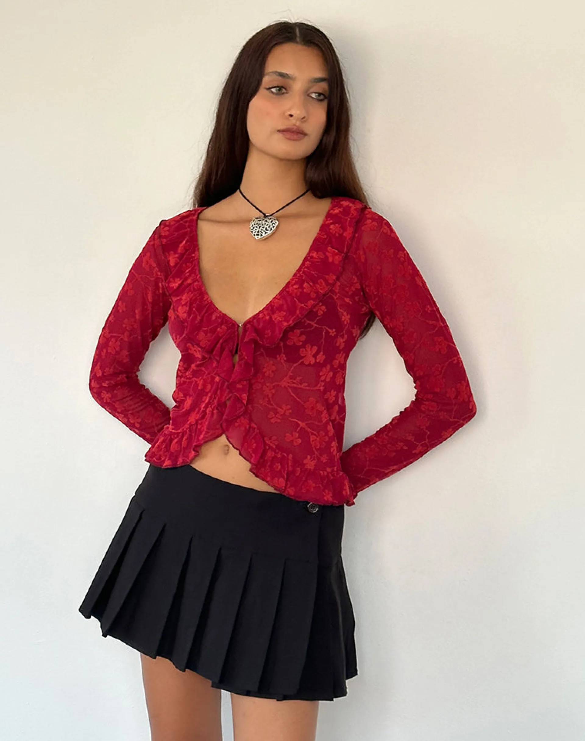 Motel Rocks Cardigans | Printed Tops-Noemi Cardigan in Red Grunge Floral Flock RedGrungeFloralFlock