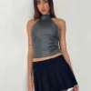 Motel Rocks Vest Tops | Going Out Tops-Noena High Neck Top in PU Slate Grey