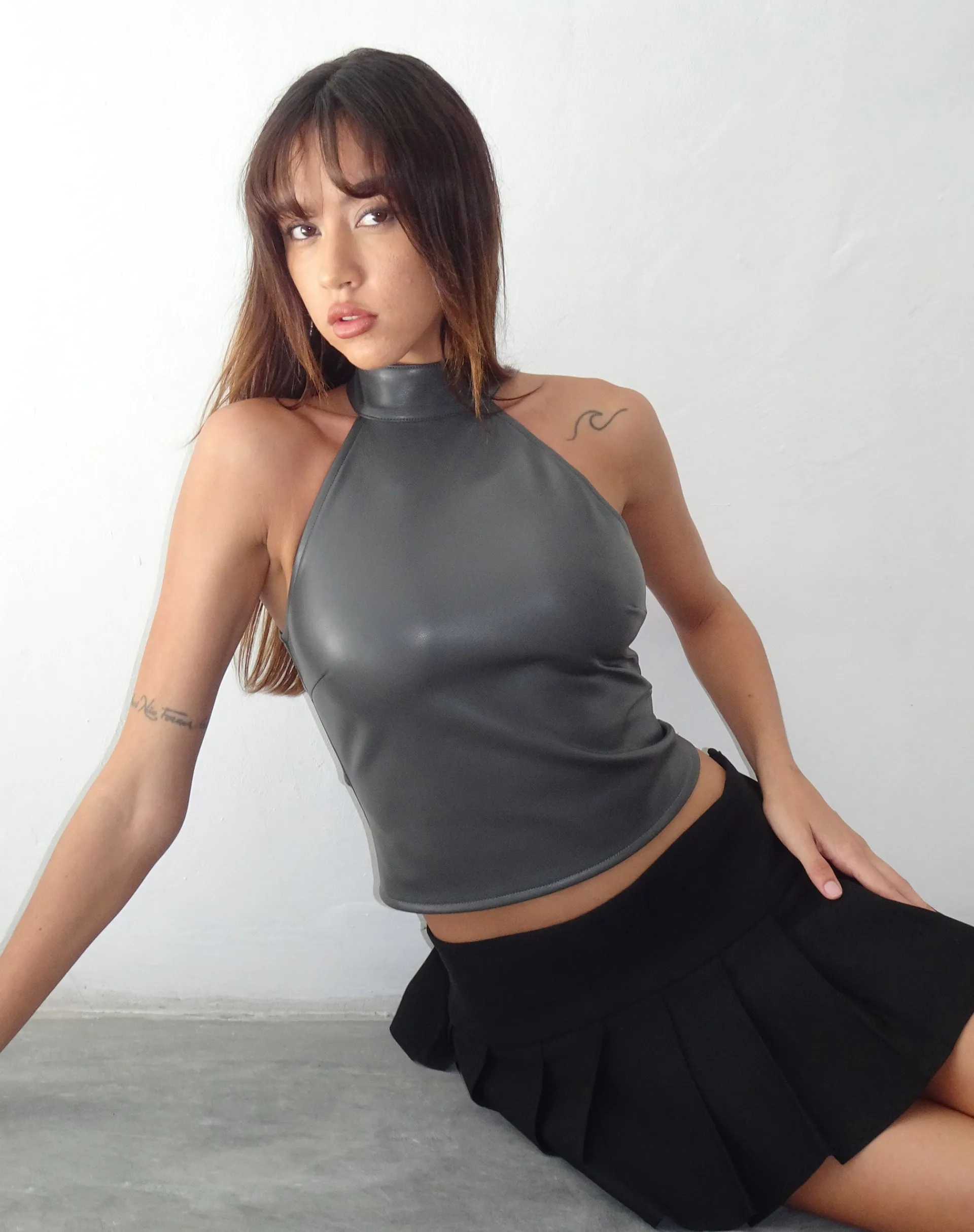 Motel Rocks Vest Tops | Going Out Tops-Noena High Neck Top in PU Slate Grey