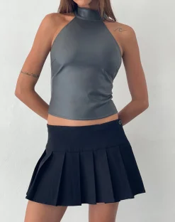 Motel Rocks Vest Tops | Going Out Tops-Noena High Neck Top in PU Slate Grey