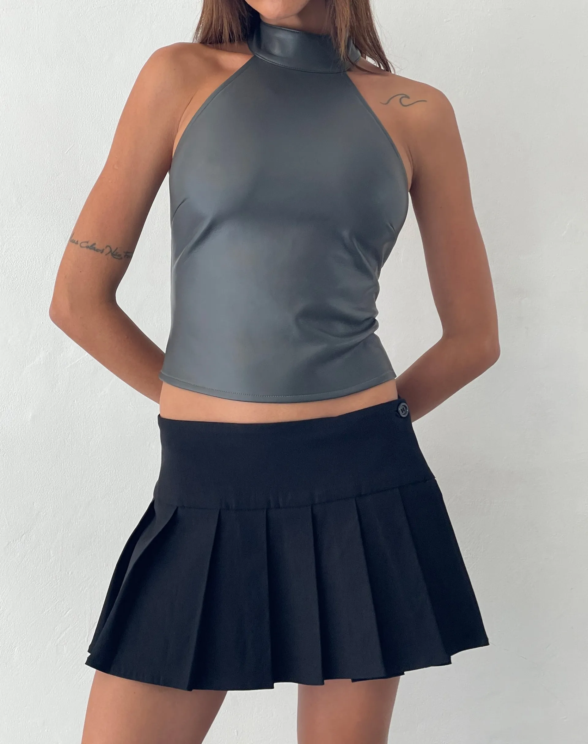 Motel Rocks Vest Tops | Going Out Tops-Noena High Neck Top in PU Slate Grey