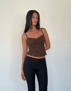 Motel Rocks Printed Tops | Strappy Tops-Noira Cami Top in Romantic Rose Flock Brown