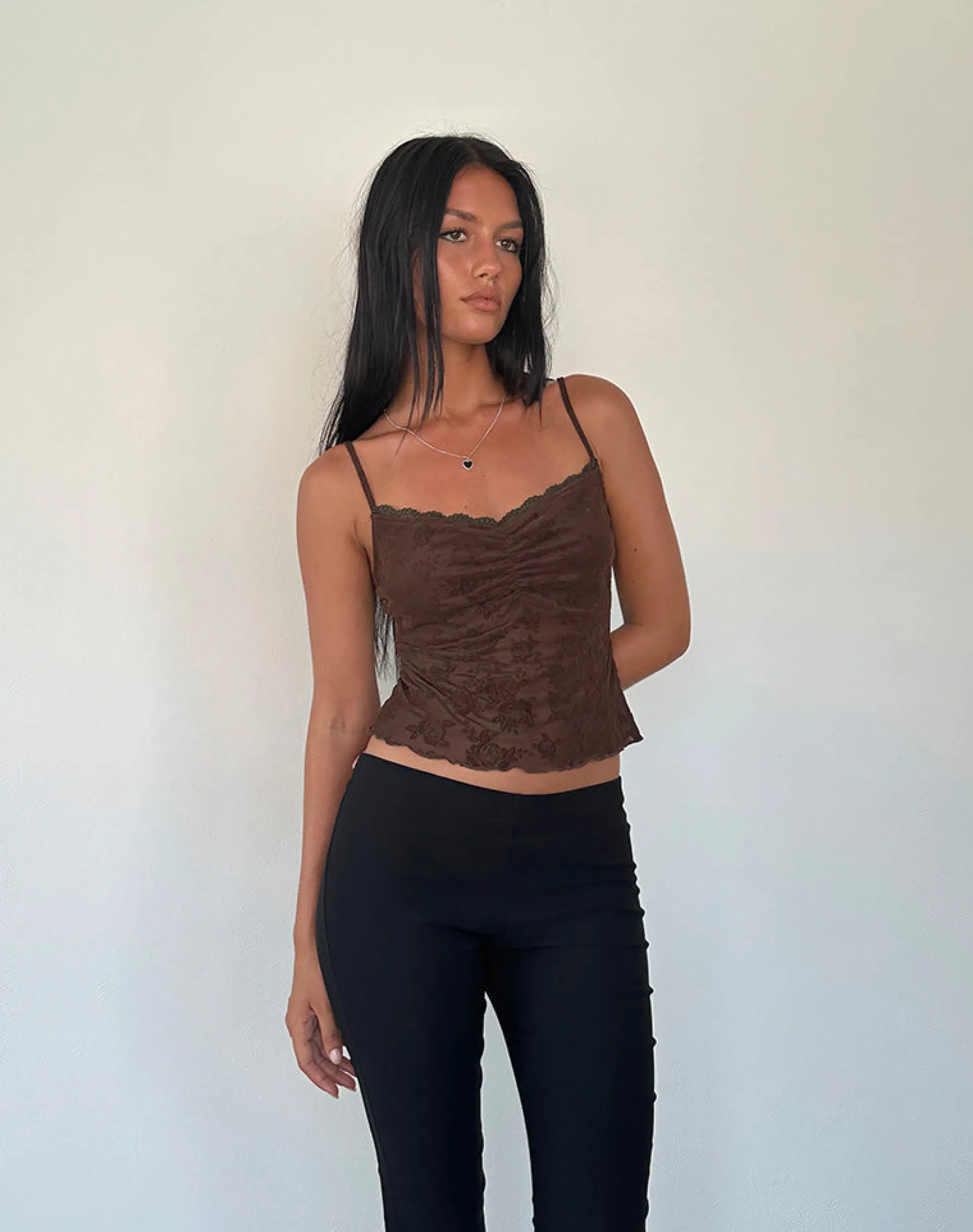 Motel Rocks Printed Tops | Strappy Tops-Noira Cami Top in Romantic Rose Flock Brown