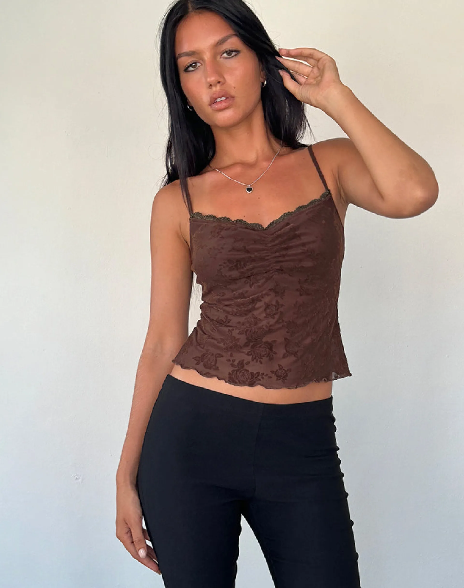 Motel Rocks Printed Tops | Strappy Tops-Noira Cami Top in Romantic Rose Flock Brown