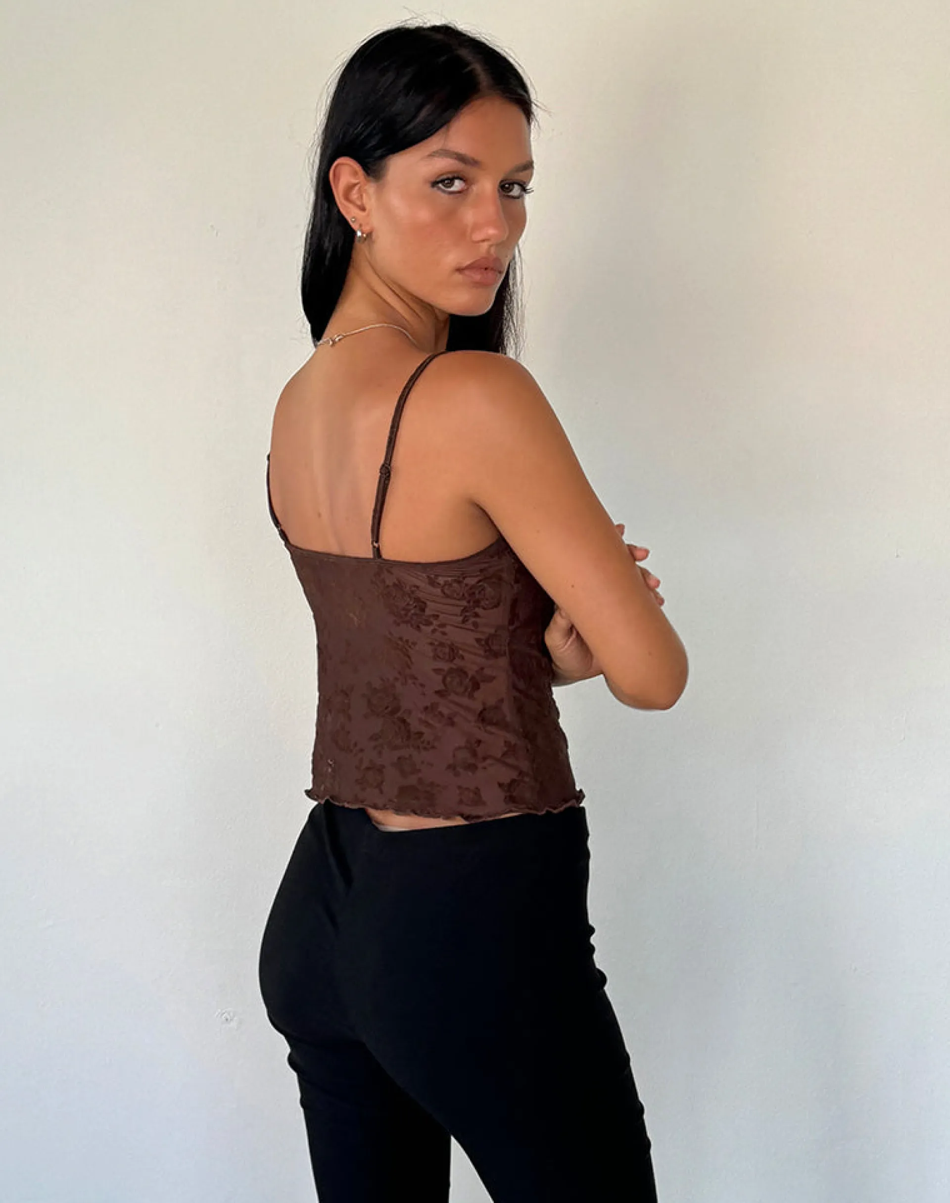 Motel Rocks Printed Tops | Strappy Tops-Noira Cami Top in Romantic Rose Flock Brown