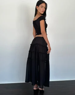 Motel Rocks Maxi Skirts-Norah Tiered Maxi Skirt in Black Chiffon
