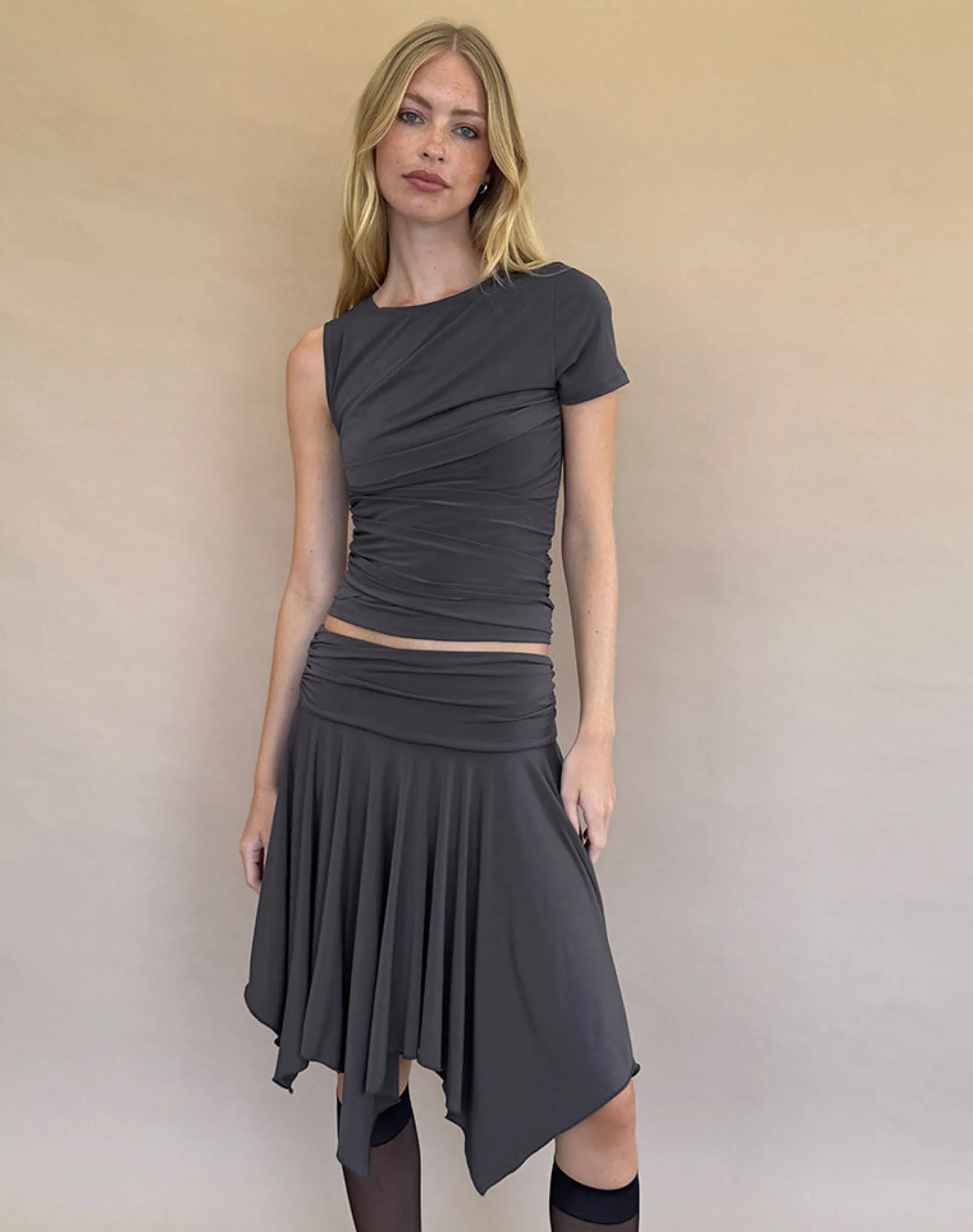 Motel Rocks Co-Ords | Midi Skirts-Norali Waterfall Midi Skirt in Grey