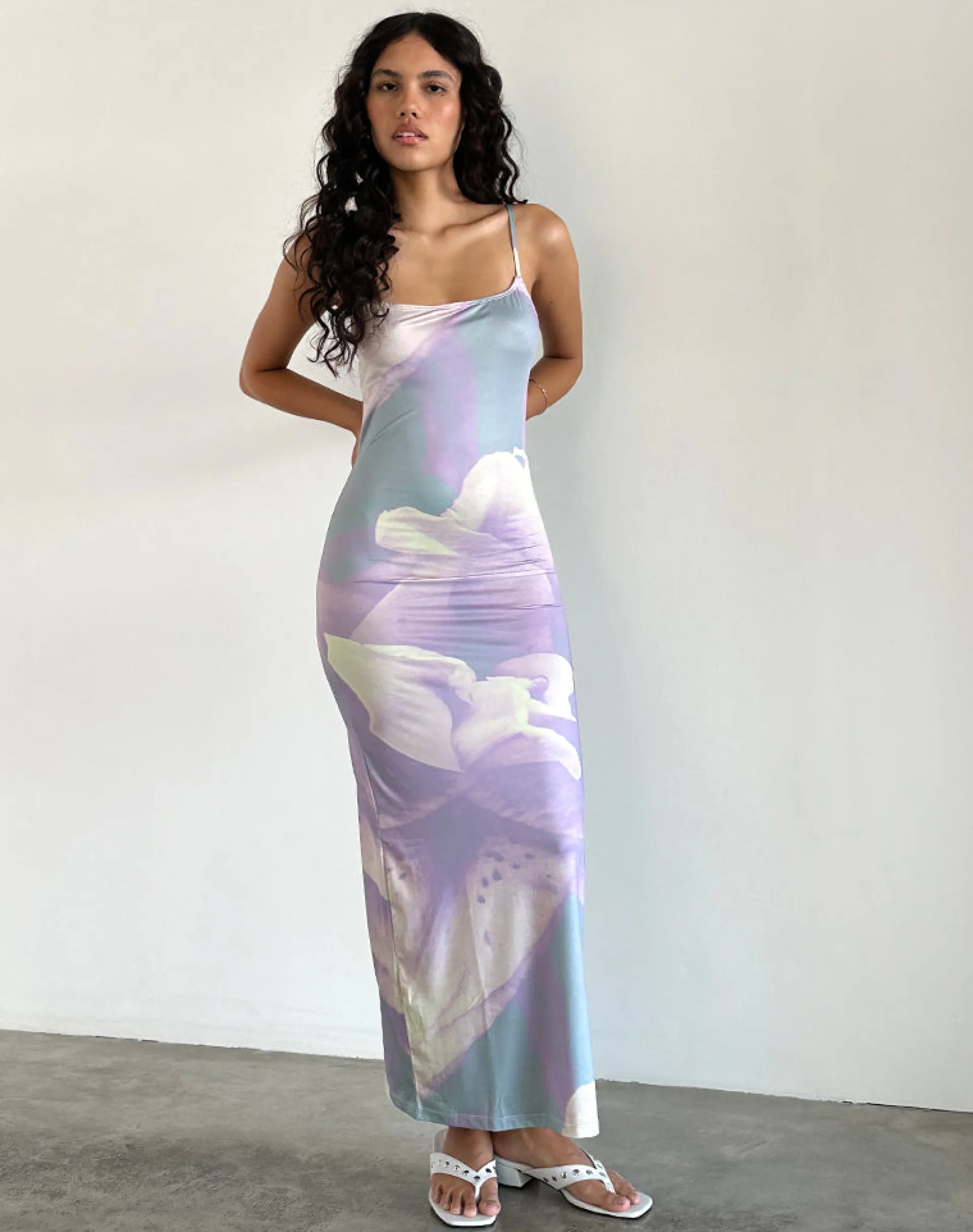 Motel Rocks Printed Dresses | Day Dresses-Norila Cami Maxi Dress in Slinky Orchid Petals Lilac SlinkyOrchidPetalsLilac