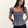 Motel Rocks Tailoring-Notina Puff Sleeve Top in Shirred Grey