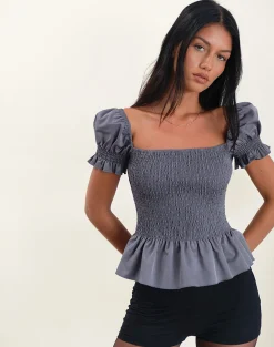 Motel Rocks Tailoring-Notina Puff Sleeve Top in Shirred Grey