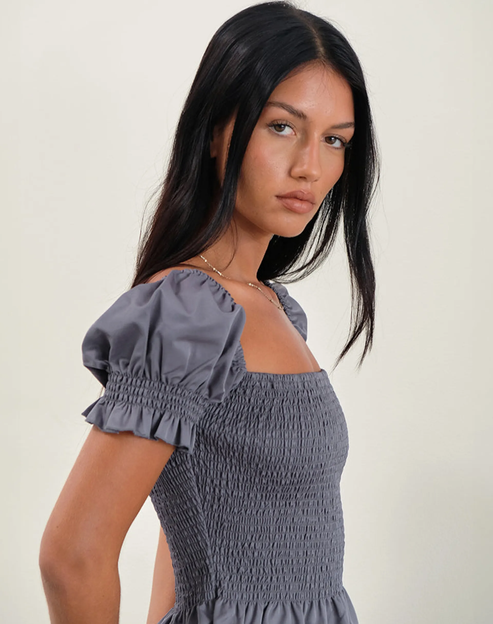 Motel Rocks Tailoring-Notina Puff Sleeve Top in Shirred Grey