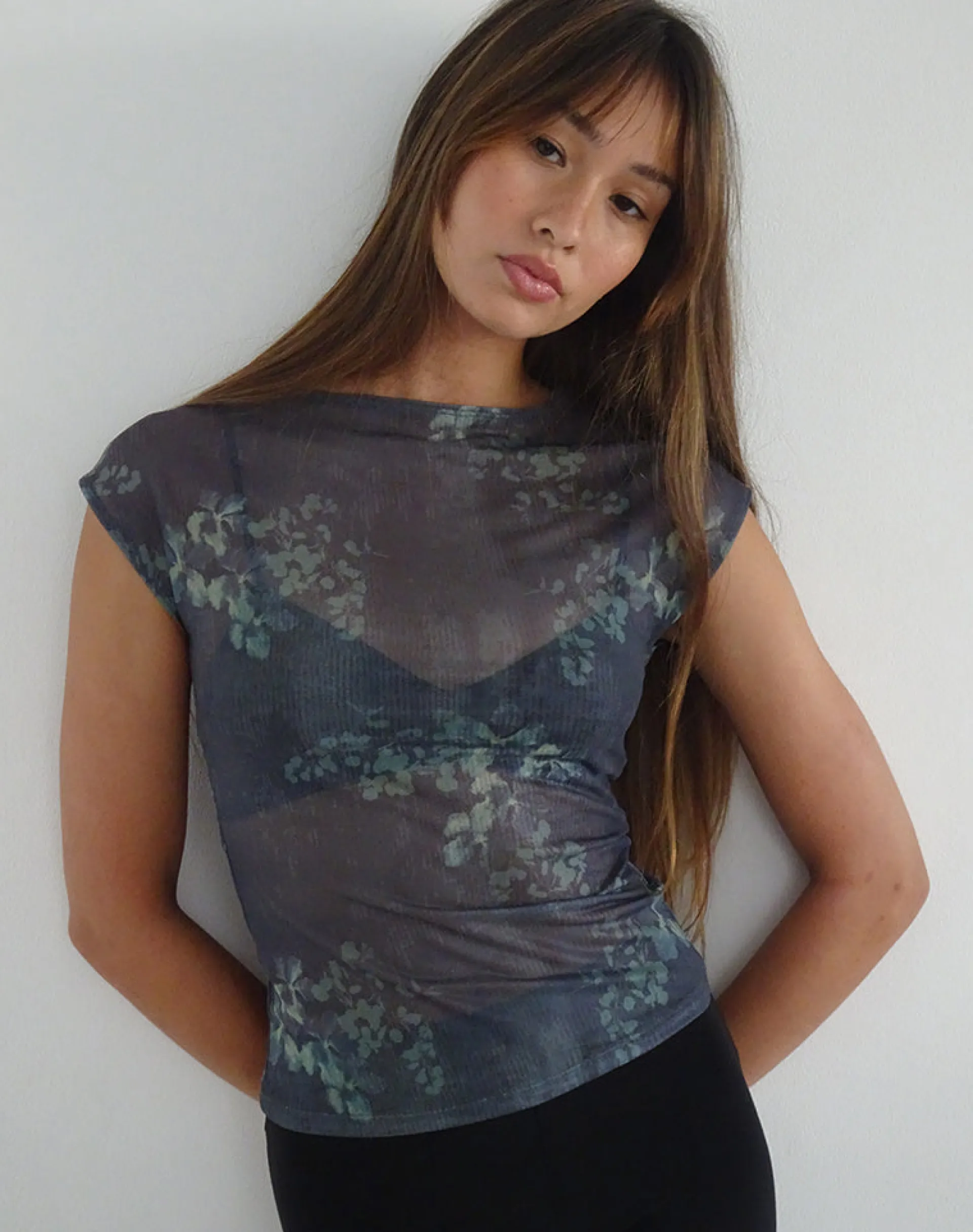 Motel Rocks Basic Tops | Printed Tops-Nova Mesh Top in Faded Botanical Green FadedBotanicalGreen