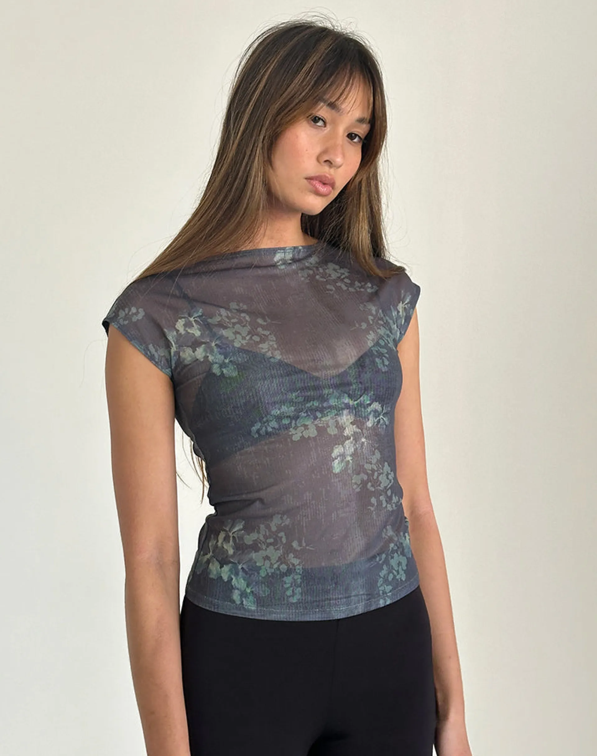 Motel Rocks Basic Tops | Printed Tops-Nova Mesh Top in Faded Botanical Green FadedBotanicalGreen