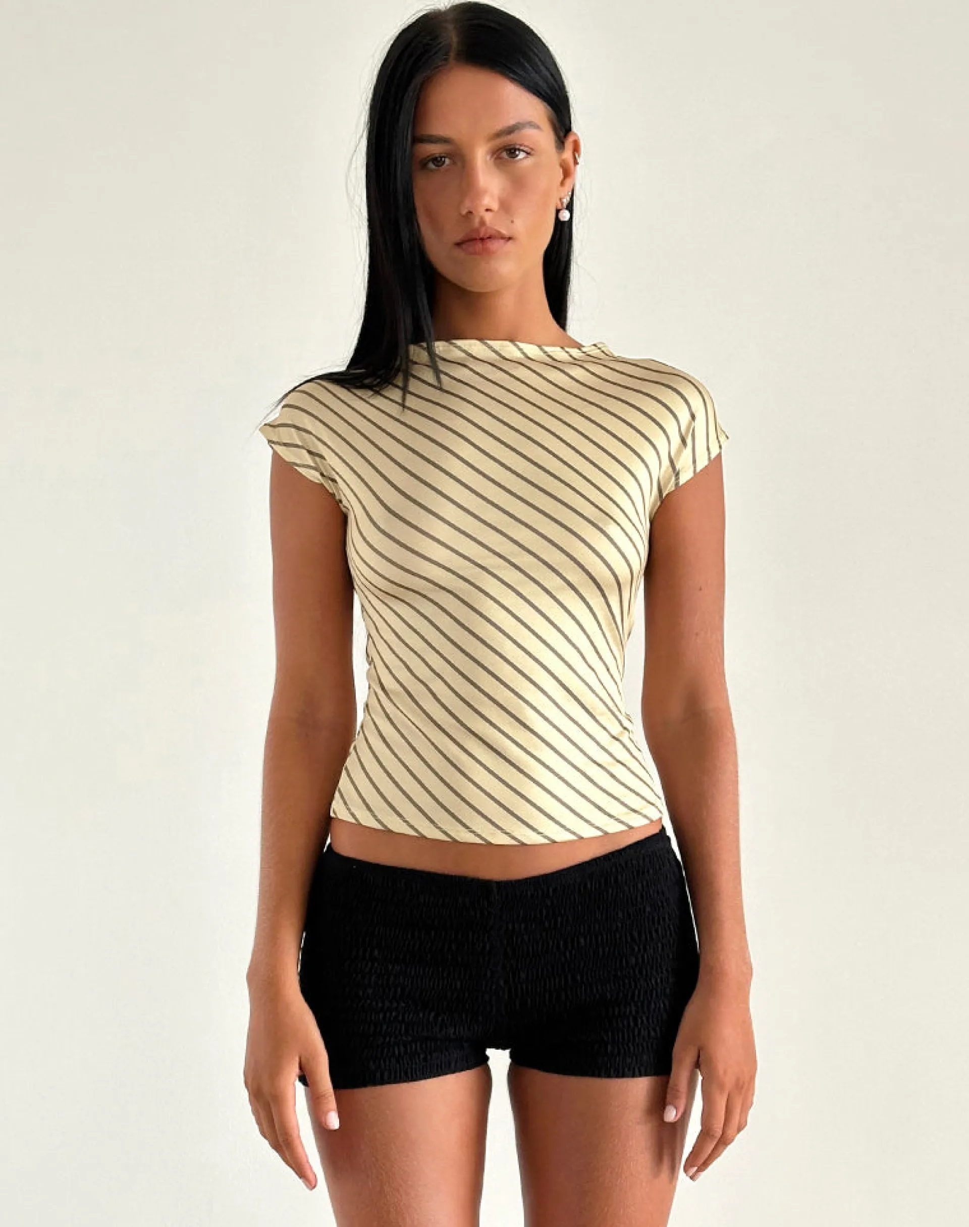 Motel Rocks Basic Tops | Printed Tops-Nova Slinky Top in Yellow Diagonal Stripe yellowdiagonalstripe