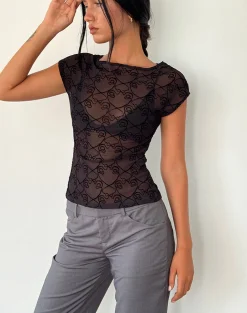 Motel Rocks Printed Tops-Nova Top in Black Queen of Heart Flock BlackQueenofHeartFlock