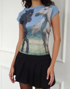 Motel Rocks Printed Tops | Tees-Nova Top in Blue Mesh Horses Print BlueMeshHorsesPrint