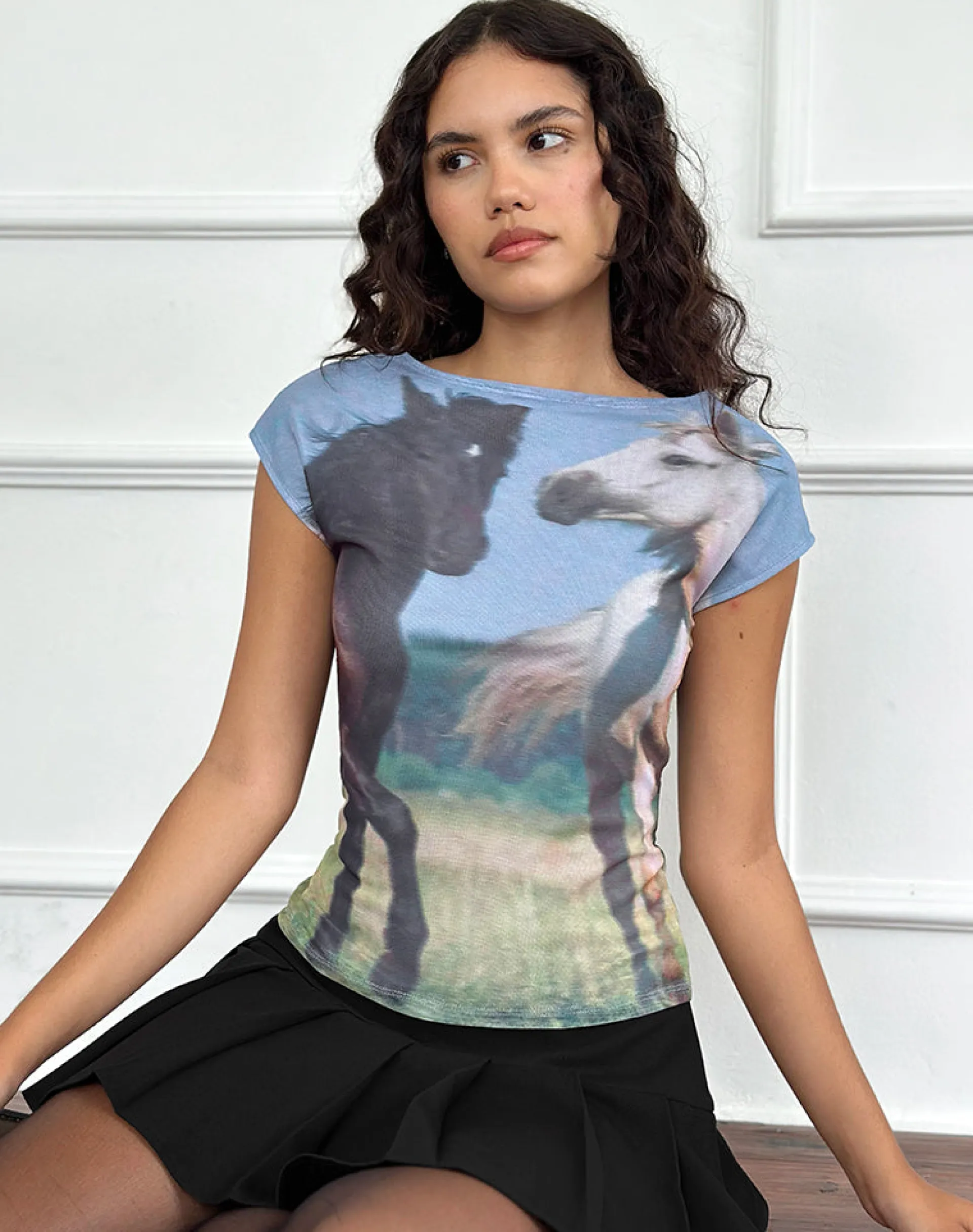 Motel Rocks Printed Tops | Tees-Nova Top in Blue Mesh Horses Print BlueMeshHorsesPrint