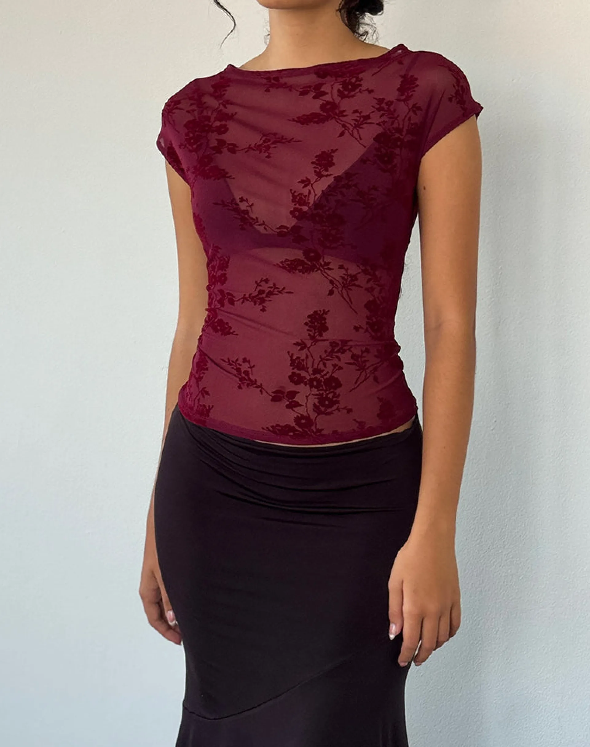 Motel Rocks Basic Tops | Printed Tops-Nova Top in Botanical Flower Maroon BotanicalFlowerMaroon