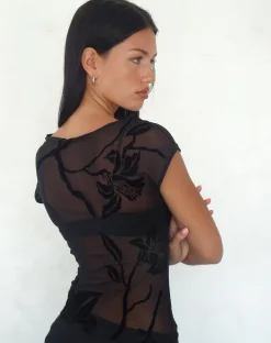 Motel Rocks Printed Tops | Going Out Tops-Nova Top in Orchids Flock Black orchidsflockblack