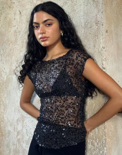 Motel Rocks Co-Ords | Sequin Tops-Nova Top in Sequin Mesh Black SequinMeshBlack
