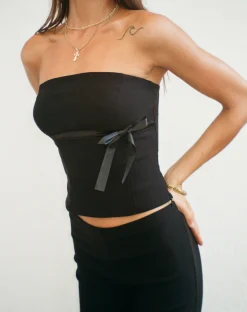 Motel Rocks Corset Tops | Bandeau Tops-Novita Bow Detail Bandeau Top in Tailoring Black TailoringBlack