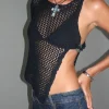 Motel Rocks Strappy Tops | Long Sleeve Tops-Nung Open Knit Asymmetric Top in Black