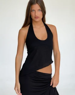 Motel Rocks Strappy Tops-Oceane Halterneck Top in Black Textured Crochet BlackCrochet