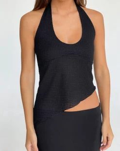 Motel Rocks Strappy Tops-Oceane Halterneck Top in Black Textured Crochet BlackCrochet