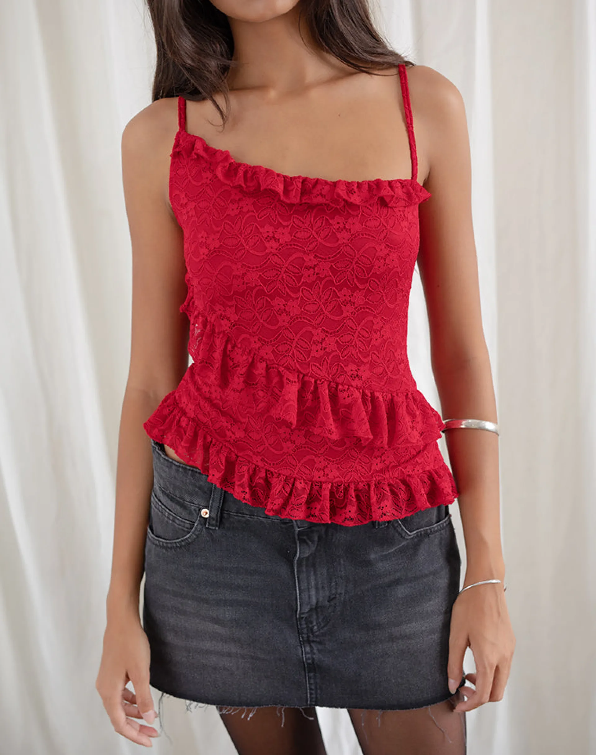 Motel Rocks Strappy Tops | Going Out Tops-Octavia Asymmetric Cami Top in Lace Red LaceRed