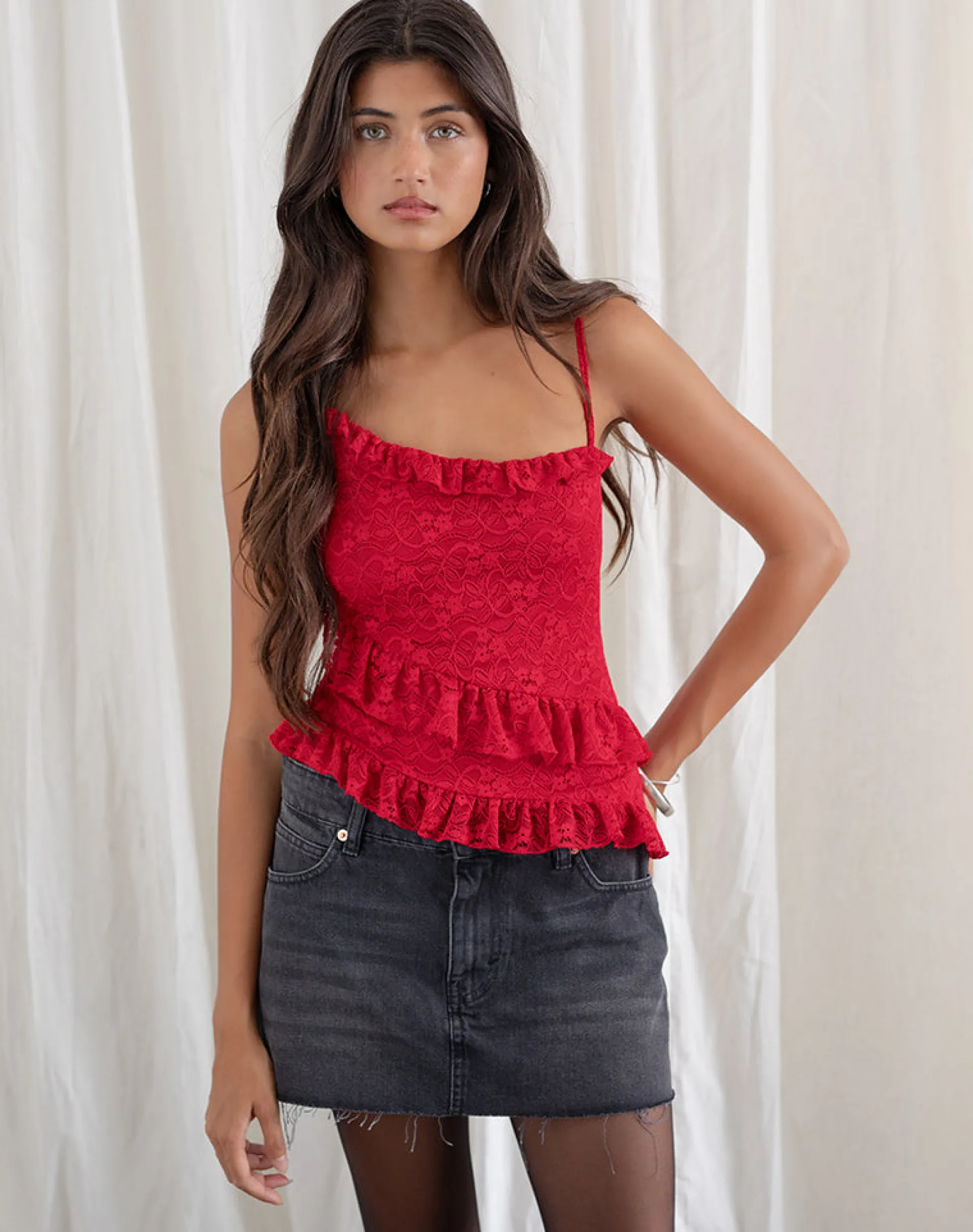 Motel Rocks Strappy Tops | Going Out Tops-Octavia Asymmetric Cami Top in Lace Red LaceRed