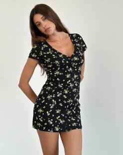 Motel Rocks Printed Dresses | Day Dresses-Omoni Mini Dress in Lemon and Lime Black LemonandLimeBlack