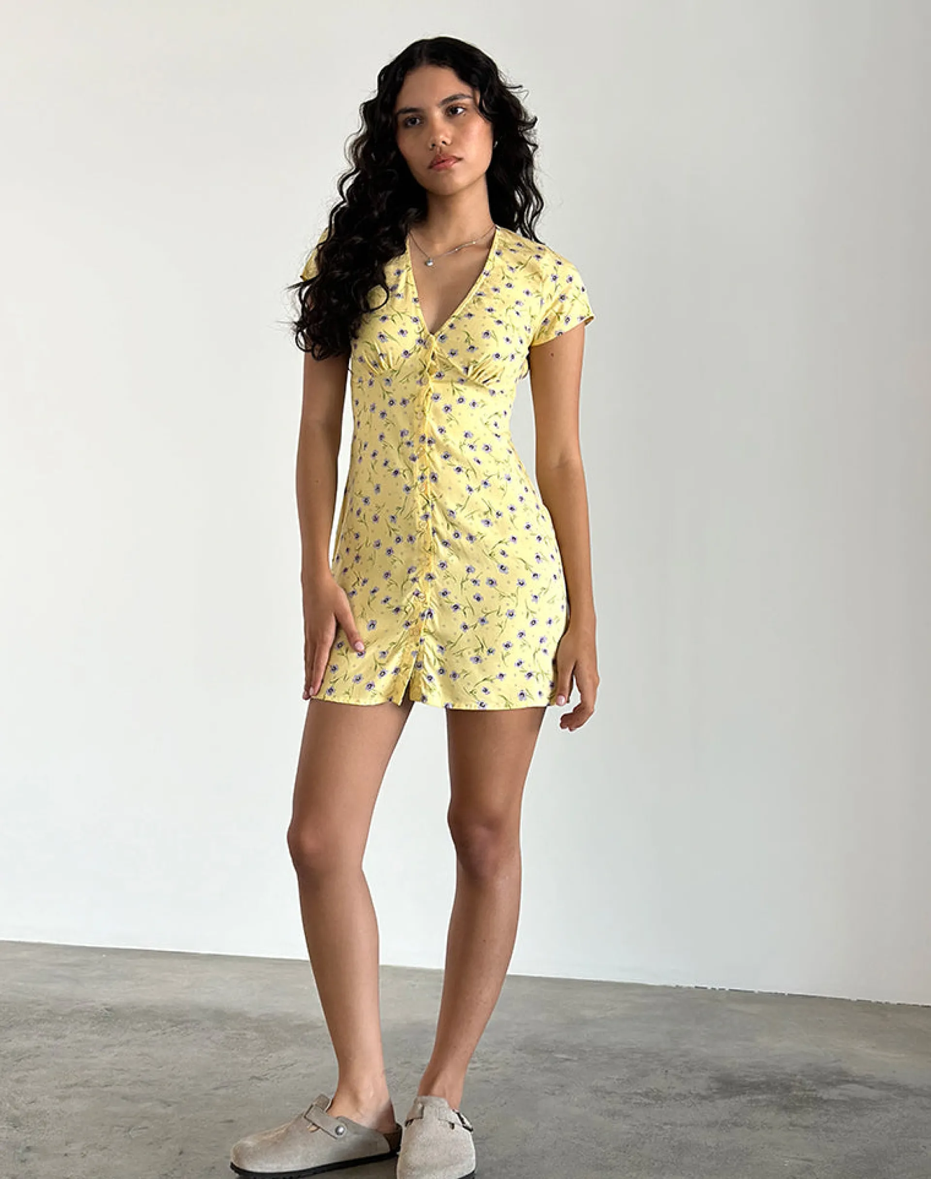 Motel Rocks Printed Dresses | Day Dresses-Omoni Mini Dress in Wild Flower Lemon Drop WildFlowerLemonDrop