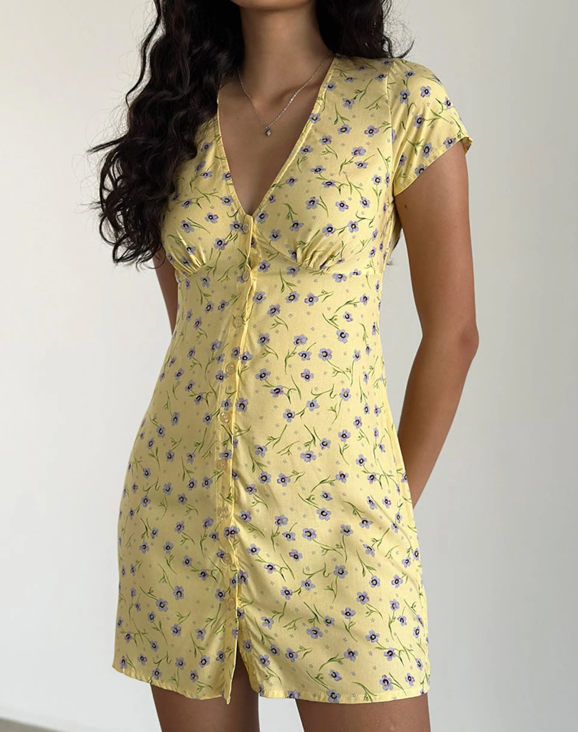 Motel Rocks Printed Dresses | Day Dresses-Omoni Mini Dress in Wild Flower Lemon Drop WildFlowerLemonDrop